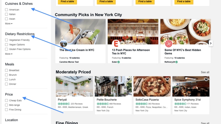 restaurant search filters